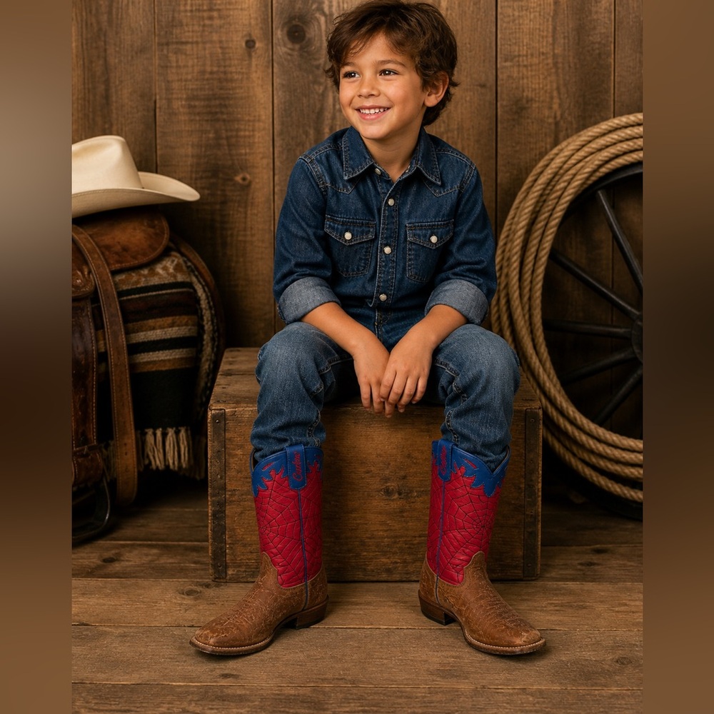 Olathe Boot Company Kid's Red & Blue Spider Web Cowboy Boots 2